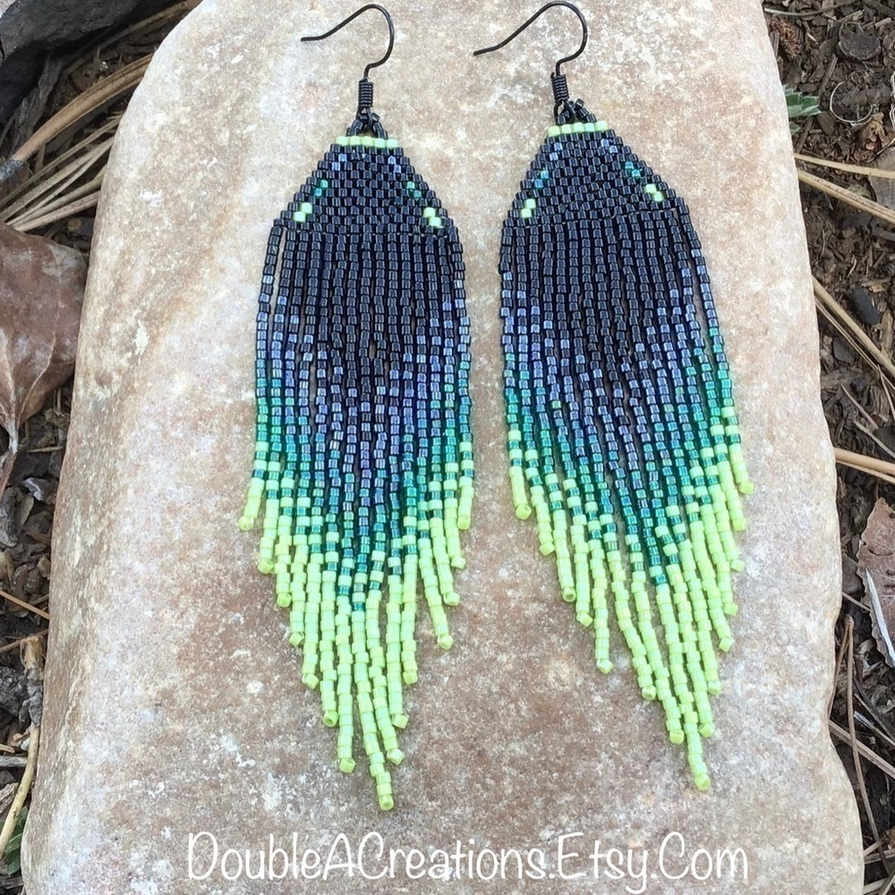 Black and Lime Green Beaded Earrings with Fringe, New, Handmade by Me - Picture 3 of 11